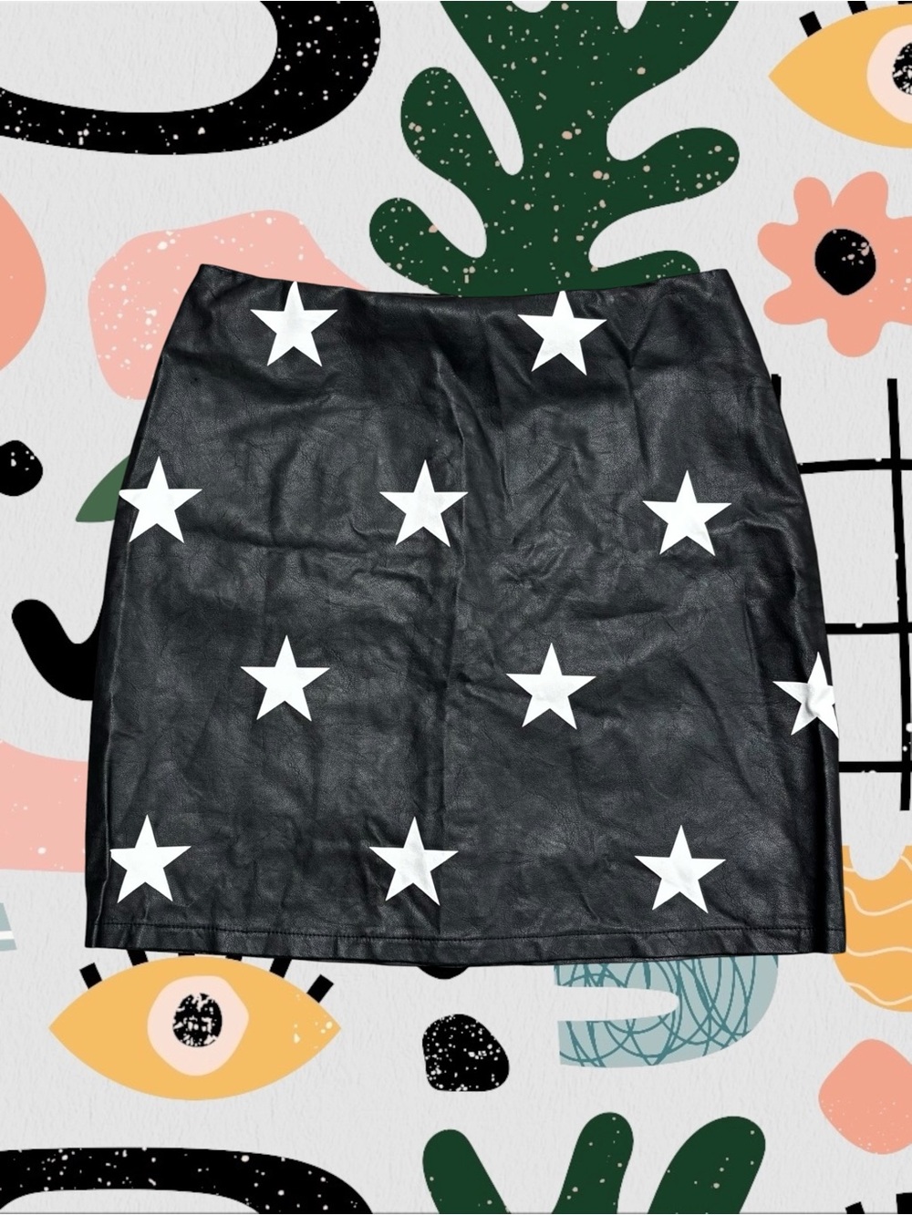 Altar’d State | Black Faux Leather High Waisted White Star Mini Skirt